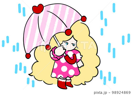 梅雨　泣いてる女の子　一人ぼっちの女の子　傘を持った女の子　手描きイラスト　しとしと雨 98924869