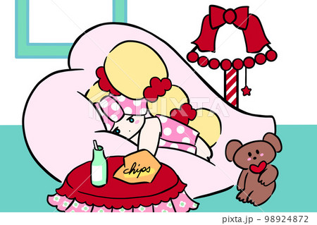 寝ながらお菓子を食べて今にも寝落ちしそうな女の子　ふてくされてばく手描きイラスト　ポップ　かわいい 98924872