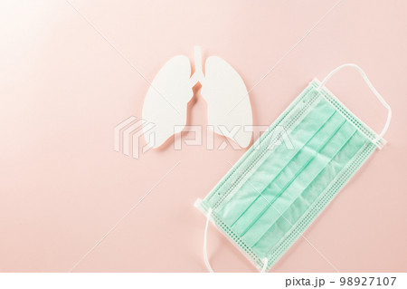 World TB Day. Overhead lungs paper symbol and facial medical face mask on pastel pink background, lung cancer awareness, copy space concept of world tuberculosis day, banner background 98927107