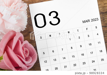 A March 2023 Monthly calendar for 2023 year with pink rose on wooden background. 98928334
