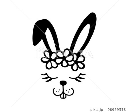 Easter vector design with bunny face and flowers. Rabbit silhouette isolated on white 98929558