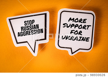 Ukrainian support concept. Speech bubbles with text on a yellow background 98930026