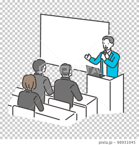 Vector illustration material of a male seminar lecturer holding a microphone and giving a lecture / business / lecture / presentation 98931045