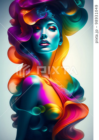 顔にカラフルな絵の具を塗った女性の絵 カラフルな女性の絵 | AI生成画像 Premium 絵画