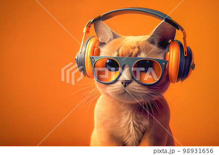 a close-up portrait of a cool red cat on an orange background wearing headphones, a music fan or an audiophile. a close-up portrait of a cool red cat on an orange background wearing headphones, a music fan or an audiophile. 98931656