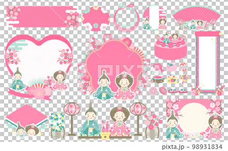 ポップで可愛いひなまつりのデザインフレームとイラストのセット_ベクター素材_ピンク_文字なし 98931834