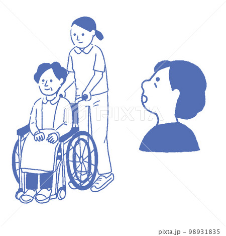 車椅子　老人　女性　考える　線画 98931835