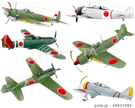 第二次世界大戦期、日本陸軍航空隊の単座プロペラ戦闘機6機のvectorイラスト集。 98931988