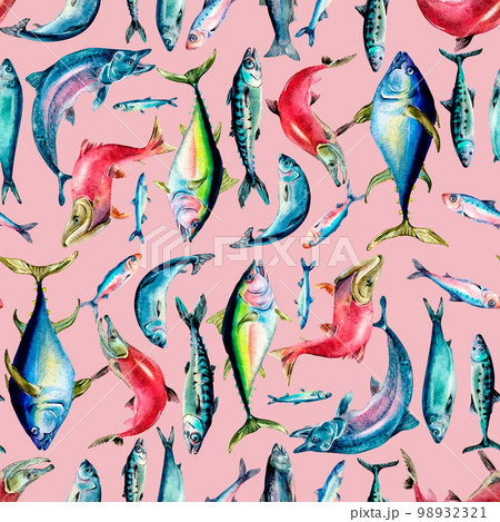 Different sea fishes seamless pattern watercolor illustration isolated on pink. 98932321