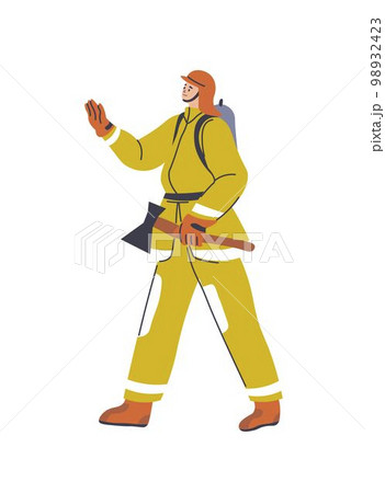 Firefighter with ax in hands, fireman with tool 98932423