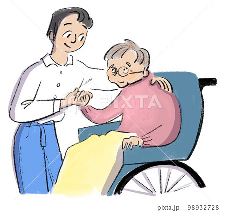 車椅子に座る年配女性と手を添える男性 車椅子に座る年配女性と手を添える男性 98932728