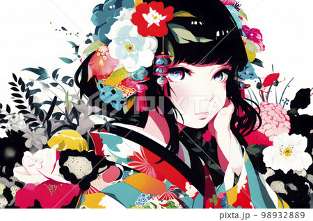 艶やかな着物がよく似合う女性　イラスト「AI生成画像」 98932889
