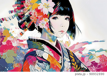 艶やかな着物がよく似合う女性　イラスト「AI生成画像」 98932890