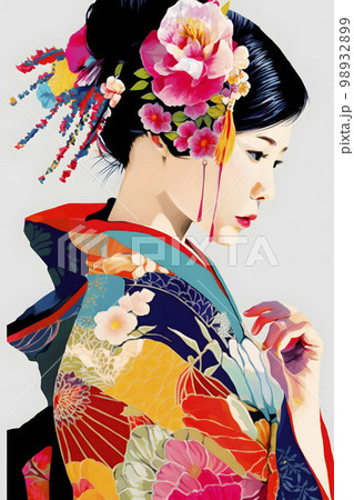 艶やかな着物がよく似合う女性　イラスト「AI生成画像」 98932899