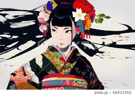 艶やかな着物がよく似合う女性　イラスト「AI生成画像」 98932902