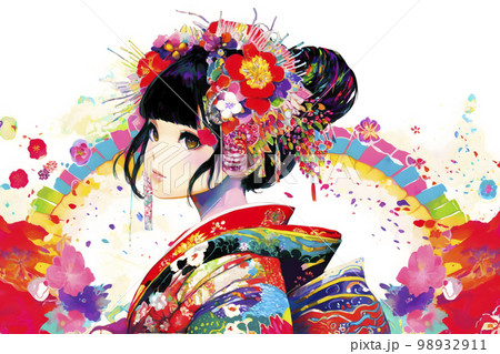 艶やかな着物がよく似合う女性　イラスト「AI生成画像」 98932911
