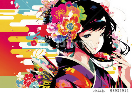 艶やかな着物がよく似合う女性　イラスト「AI生成画像」 98932912