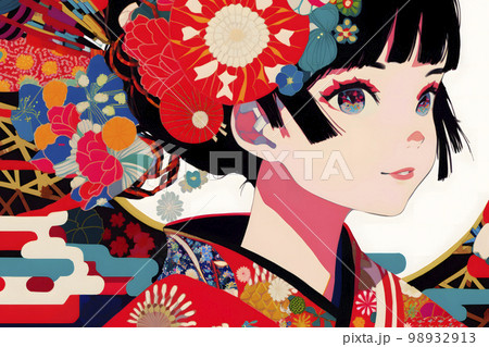 艶やかな着物がよく似合う女性　イラスト「AI生成画像」 98932913