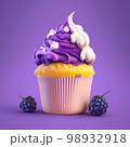 A cake with purple white cream on a purple background. Generative AI 98932918