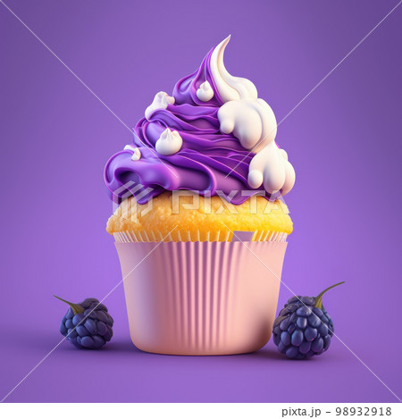A cake with purple white cream on a purple background. Generative AI 98932918