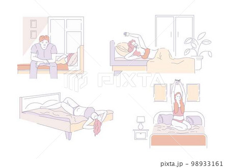 Waking up or awaking morning bedroom girls and guy Waking up or awaking morning bedroom girls and guy 98933161
