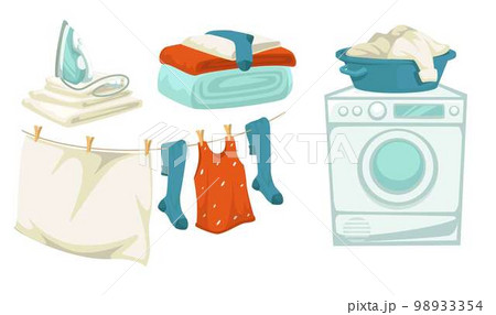 Washing machine and iron laundry and drying line isolated objects Washing machine and iron laundry and drying line isolated objects 98933354