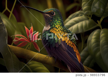 Hummingbird sitting on a branch. Generative AI.	 98933796