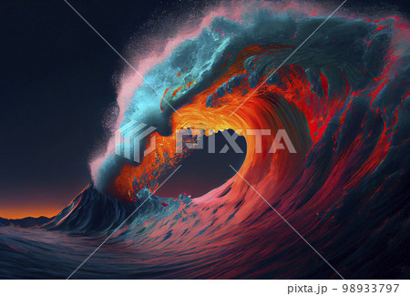 Fantasy seascape, neon colors, magic lights on the water. Generative AI. 98933797
