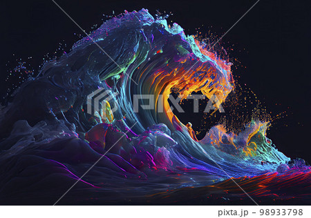Fantasy seascape, neon colors, magic lights on the water. Generative AI.	 98933798