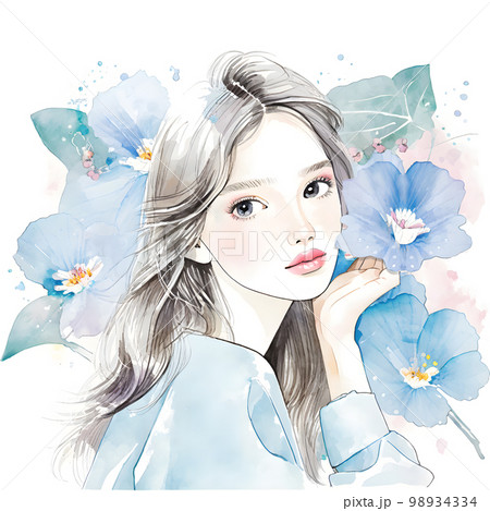 綺麗な花に包まれた女性 水彩画イラスト「AI生成画像」のイラスト素材