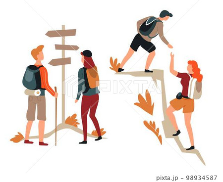 Hiking couple direction pointer and mountain climbing or hike 98934587