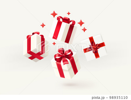 White gift boxes with red ribbons and bow. Present concept. 3d vector illustration White gift boxes with red ribbons and bow. Present concept. 3d vector illustration 98935110