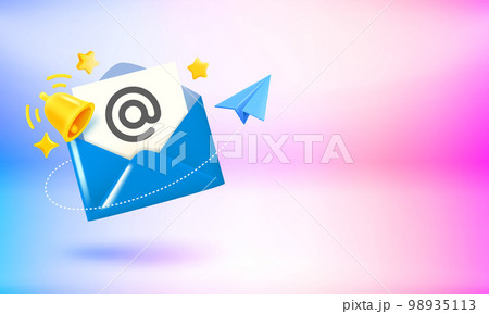 The bell, letter and blue plane. Breaking news concept. 3d vector banner with copy space The bell, letter and blue plane. Breaking news concept. 3d vector banner with copy space 98935113