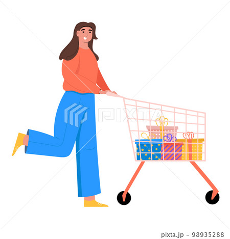 Young woman with shopping cart. Customer buying gifts. Shopping and purchase concept. Flat vector illustration Young woman with shopping cart. Customer buying gifts. Shopping and purchase concept. Flat vector illustration 98935288
