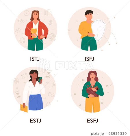 Set of sentinels MBTI person types. Socionics mbti. Personality test. Mind behavior concept. Flat vector illustration 98935330