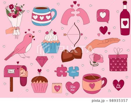Valentine's Day Hand drawn elements for posters, greeting cards, banners and invitations. Big set of heart, sweets, coffee, cupcake, key, candy, letter, diamond, flower, gift, balloon, kiss, and 98935357