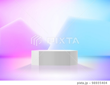 Bright studio with white podium and neon glow effect. Vector 3d illustration Bright studio with white podium and neon glow effect. Vector 3d illustration 98935404