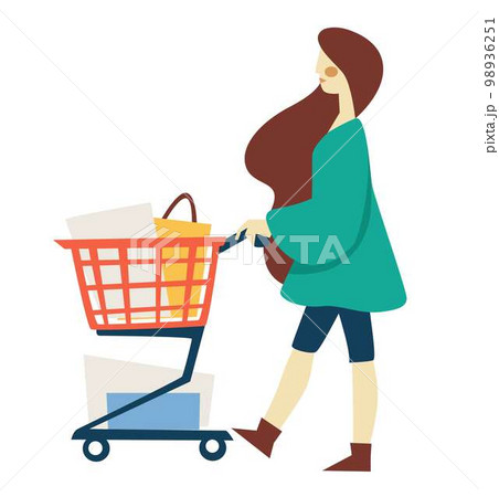 Shopping woman with supermarket cart or trolley bags and boxes 98936251