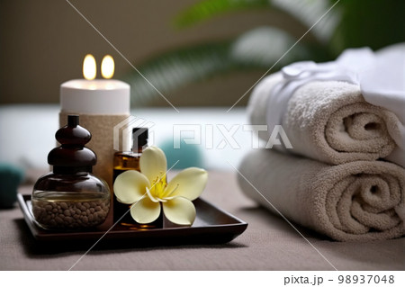 AI Generative image, spa accessory composition set in spa hotel wellness center 98937048