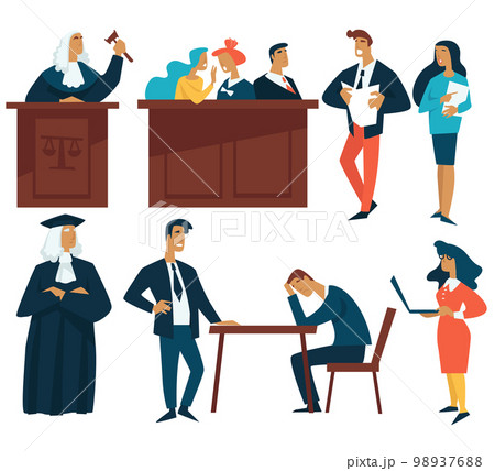 Court law and justice judge attorney and jury isolated characters Court law and justice judge attorney and jury isolated characters 98937688