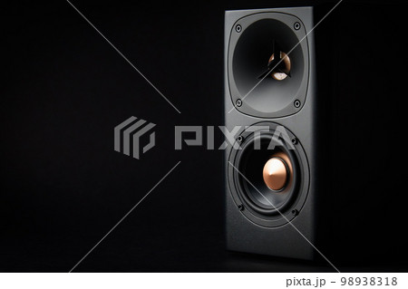 Sound speaker on dark background with copy space. Set for listening music. Audio equipment Sound speaker on dark background with copy space. Set for listening music. Audio equipment 98938318