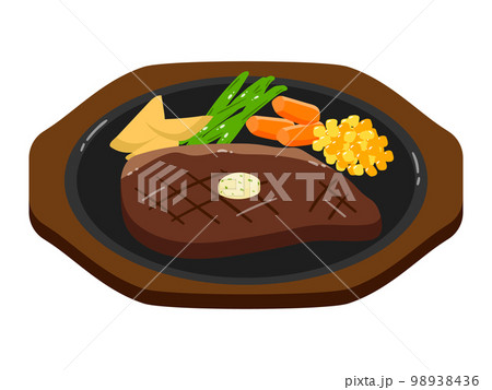 ステーキのベクターイラスト。コーンやいんげんまめ、人参などの付け合わせ野菜。 ステーキのベクターイラスト。コーンやいんげんまめ、人参などの付け合わせ野菜。 98938436