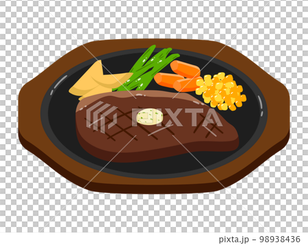 Vector illustration of steak. Side vegetables such as corn, kidney beans, and carrots. 98938436