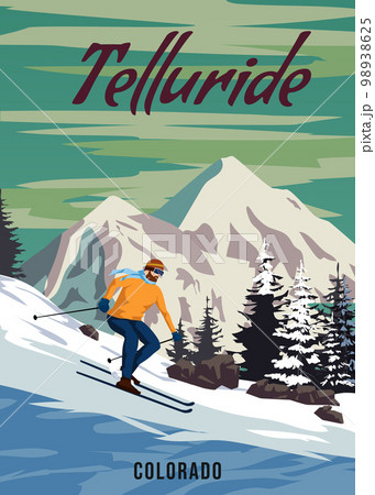 Travel poster Ski Telluride resort vintage. America winter landscape travel card Travel poster Ski Telluride resort vintage. America winter landscape travel card 98938625