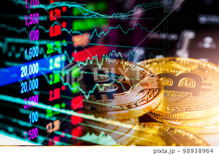 Modern way of exchange. Bitcoin is convenient payment in global economy market. Virtual digital currency and financial investment trade concept. Abstract cryptocurrency with gold bitcoin background.. Modern way of exchange. Bitcoin is convenient payment in global economy market. Virtual digital currency and financial investment trade concept. Abstract cryptocurrency with gold bitcoin background.. 98938964