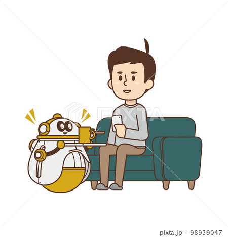ソファでくつろぐ男性【ロボットとの暮らし・水分補給・リラックス・休憩・一人暮らし】イラスト 98939047