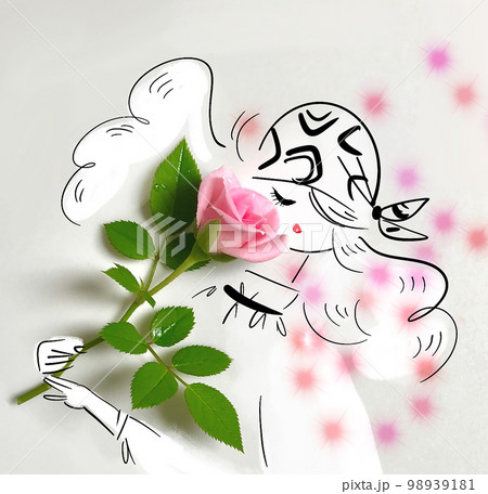 ピンクの薔薇の香りを嗅ぐ女性のイラストのイラスト素材 [98939181