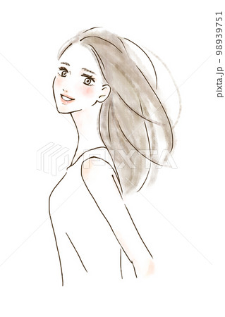 髪がなびく女性のイラスト　風で髪を乾かす 98939751