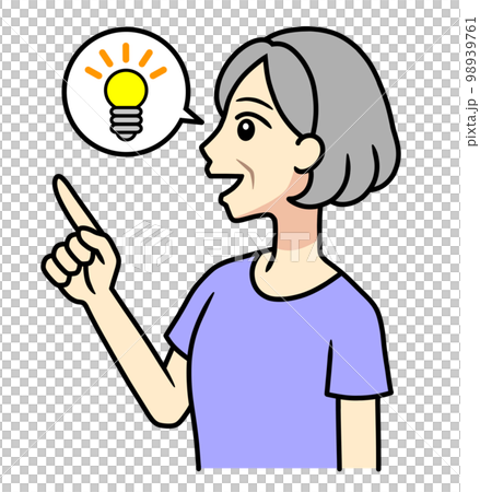 斜め上を指差す高齢の女性と、光る電球 斜め上を指差す高齢の女性と、光る電球 98939761