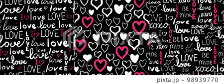 Text love, script cute doodle hand drawn seamless pattern on black background. 98939770